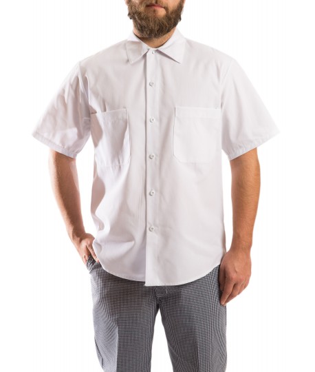Chemise alimentation, manches courtes, fermeture boutons, snapette au collet Chemise alimentation, manches courtes, fermeture boutons, snapette au collet